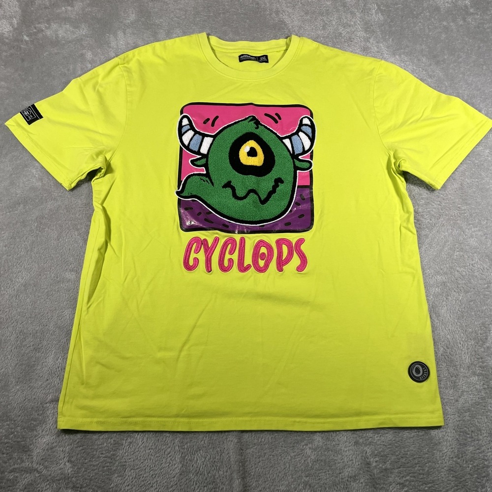 Offbeat Cyclopsโ Shirt Mens 3XL Neon Yellow Graphic Tee Horned Monster Cartoon